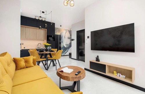 Rzeszow Wohnung | Al. Kopisto 11 Rzeszów | Black and Yellow Apartment with Air Conditioned Living